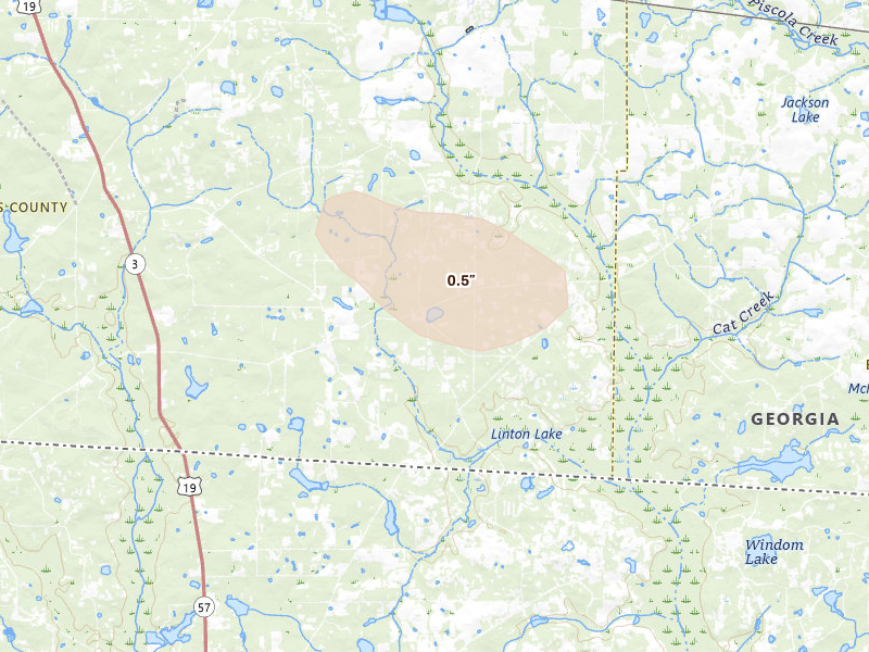 Radar-estimated hail-size map of the storm over Boston, GA on Jul 30, 2026