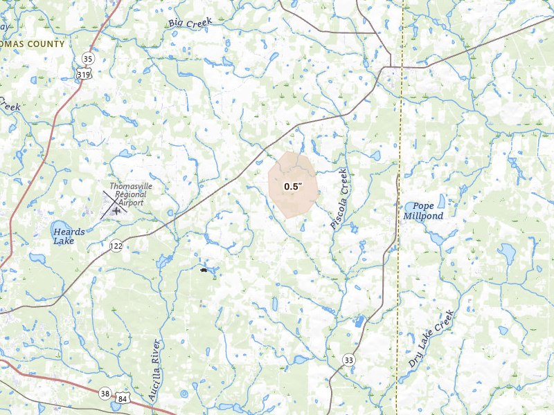 Radar-estimated hail-size map of the storm over Boston, GA on Aug 25, 2026