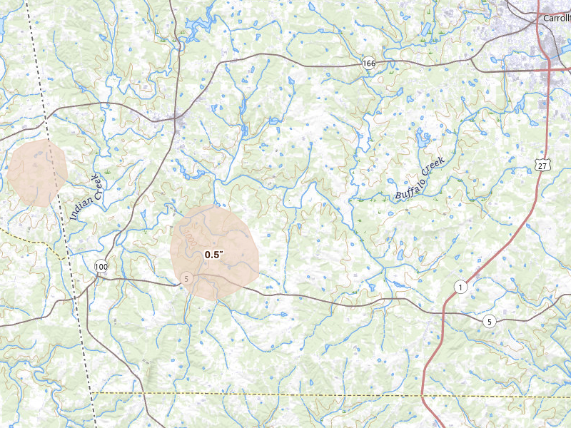 Radar-estimated hail-size map of the storm over Bowdon, GA on Jul 5, 2026
