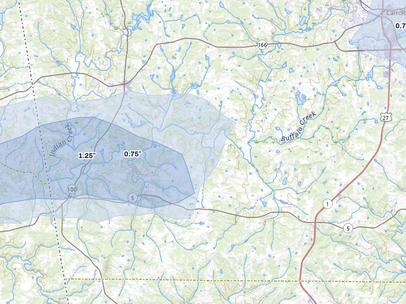 NEXRAD radar-signature map of the hail storm over Bowdon, GA on Jul 5, 2026