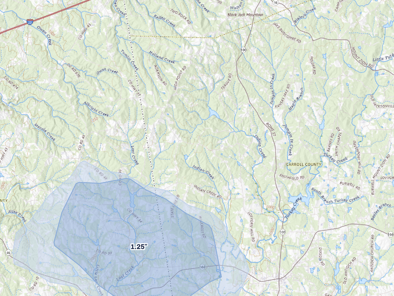 NEXRAD radar-signature map of the hail storm over Bowdon, GA on Aug 21, 2026