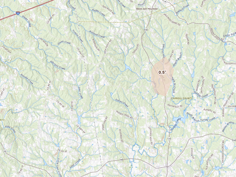 Radar-estimated hail-size map of the storm over Bowdon, GA