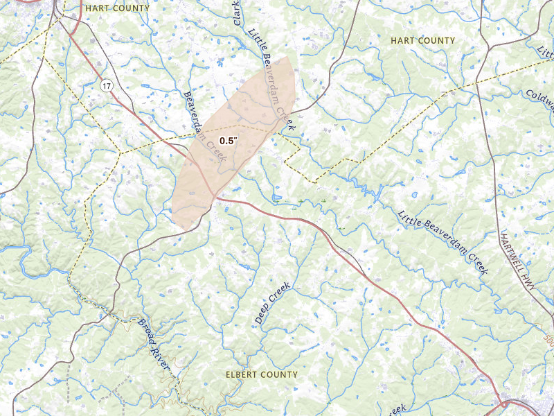 Radar-estimated hail-size map of the storm over Bowman, GA on May 22, 2026