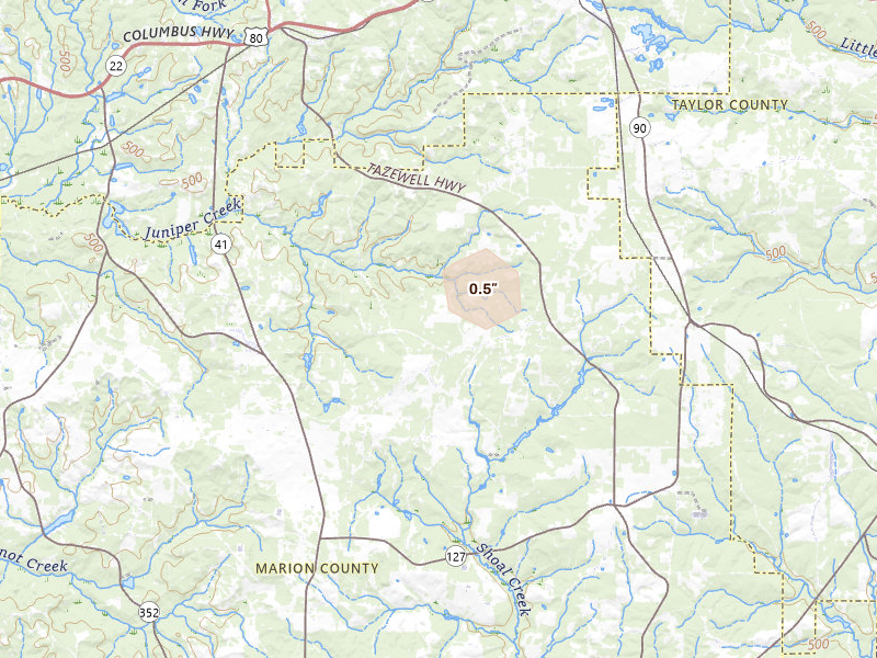 Radar-estimated hail-size map of the storm over Box Springs, GA
