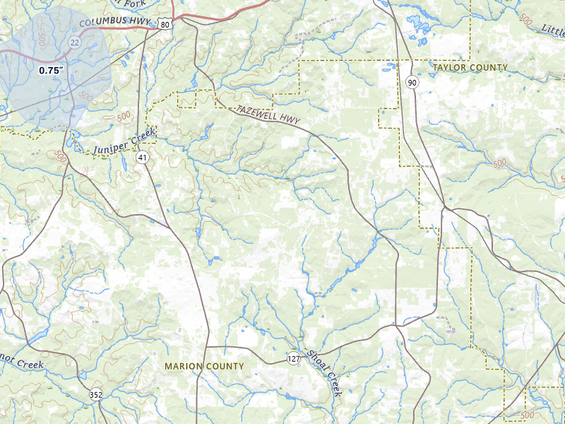 NEXRAD radar-signature map of the hail storm over Box Springs, GA on Jul 25, 2026