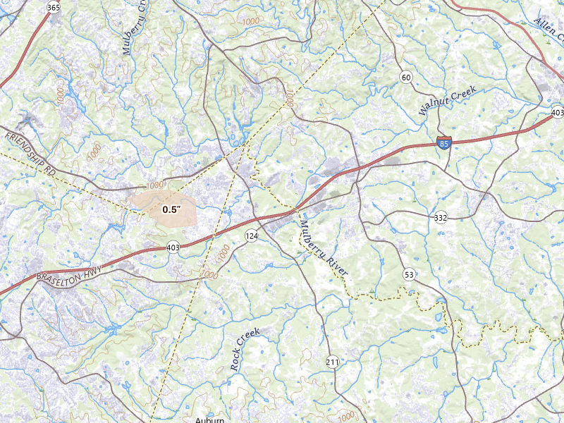 Radar-estimated hail-size map of the storm over Braselton, GA on Jul 11, 2026