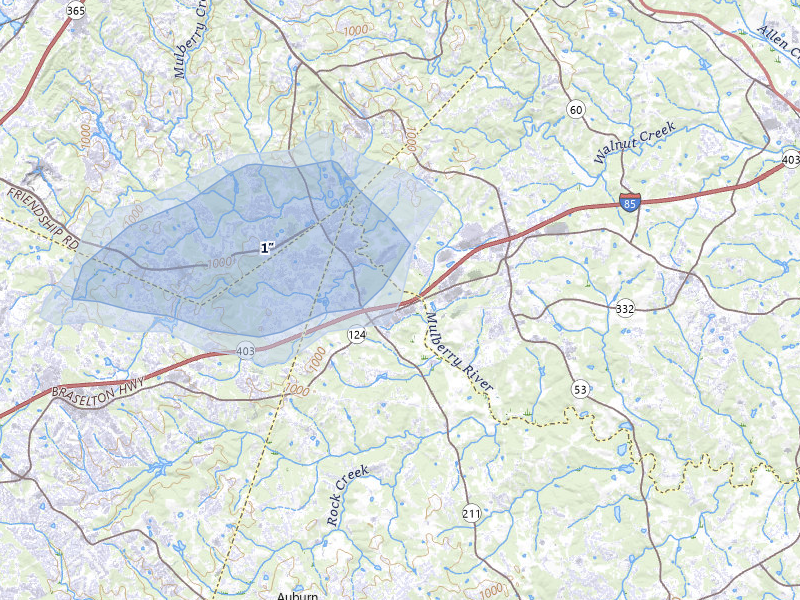 NEXRAD radar-signature map of the hail storm over Braselton, GA on Jul 11, 2026
