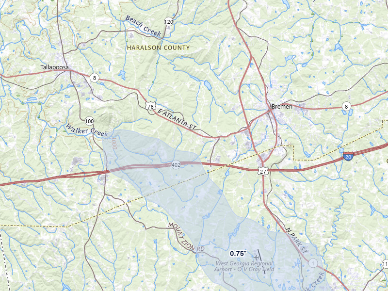 NEXRAD radar-signature map of the hail storm over Bremen, GA on Jun 30, 2026