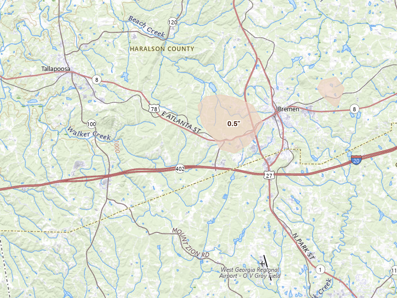 Radar-estimated hail-size map of the storm over Bremen, GA on Jul 2, 2026