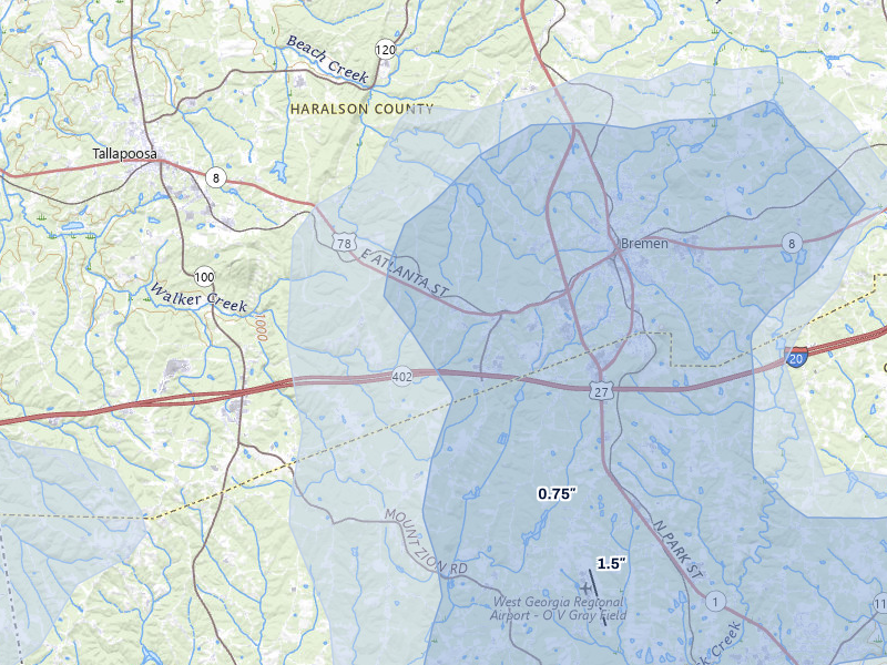 NEXRAD radar-signature map of the hail over Bremen, GA