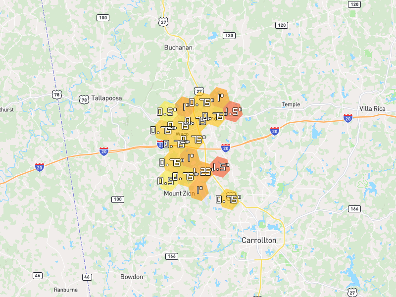 Hail map of Bremen, GA on Jul 2, 2026, hail up to 1.5"