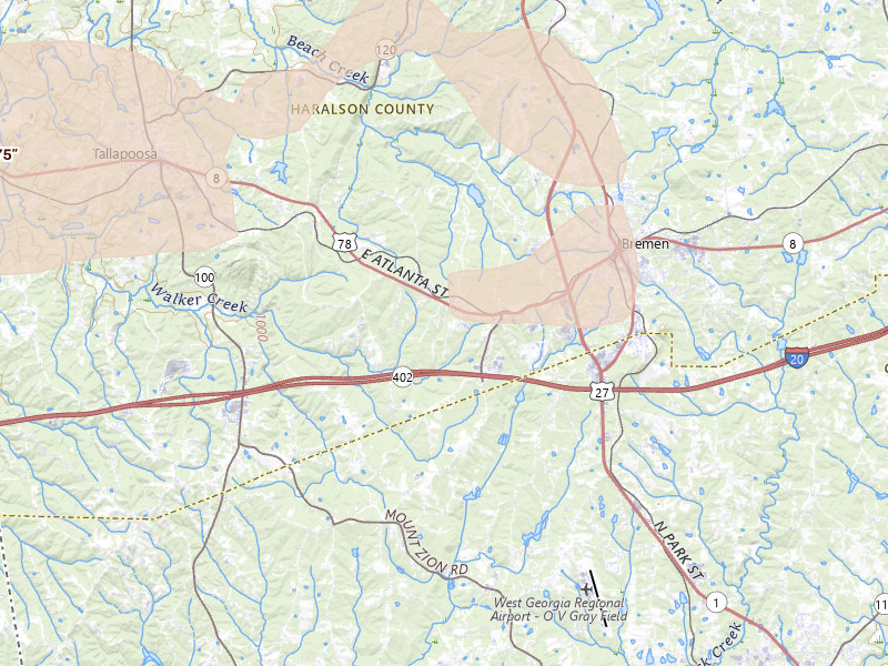 Radar-estimated hail-size map of the storm over Bremen, GA on Aug 11, 2026