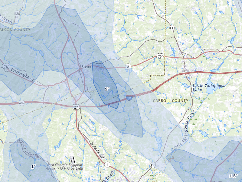NEXRAD radar-signature map of the hail storm over Bremen, GA on Aug 11, 2026