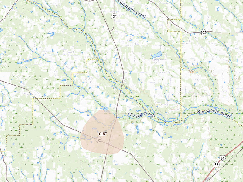 Radar-estimated hail-size map of the storm over Bristol, GA on May 23, 2026