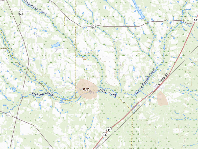 Radar-estimated hail-size map of the storm over Bristol, GA on Aug 25, 2026