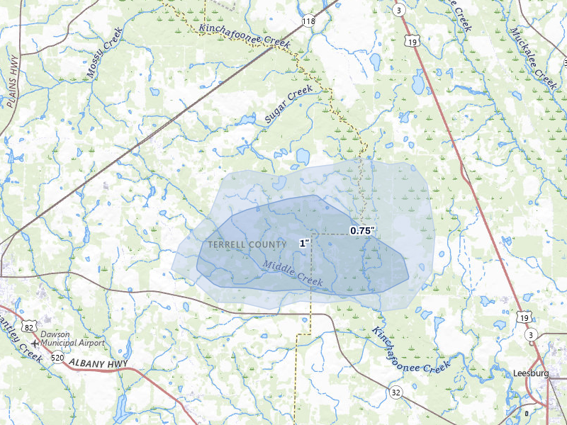 NEXRAD radar-signature map of the hail storm over Bronwood, GA on Jul 9, 2026