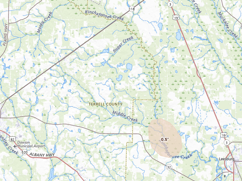 Radar-estimated hail-size map of the storm over Bronwood, GA on Jul 18, 2026