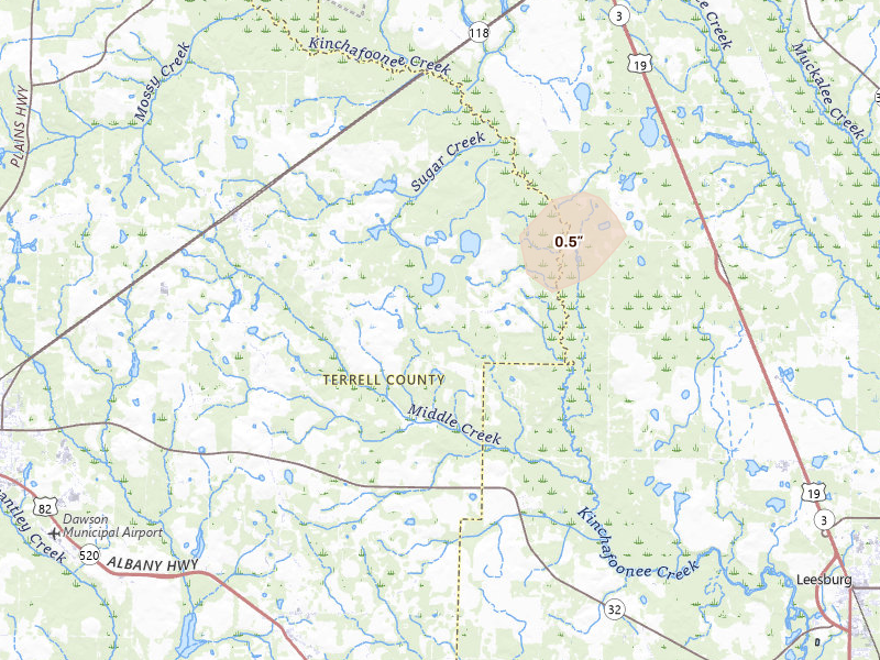 Radar-estimated hail-size map of the storm over Bronwood, GA on Aug 14, 2026