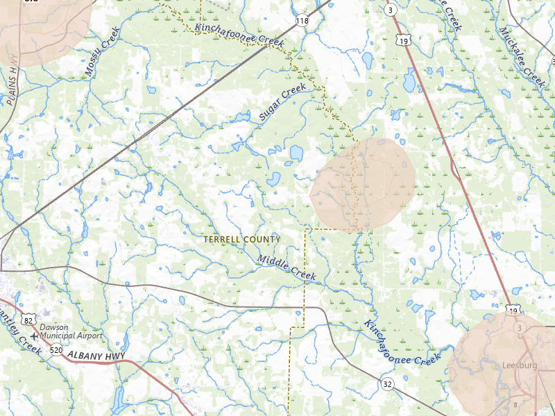 Radar-estimated hail-size map of the storm over Bronwood, GA on Aug 20, 2026