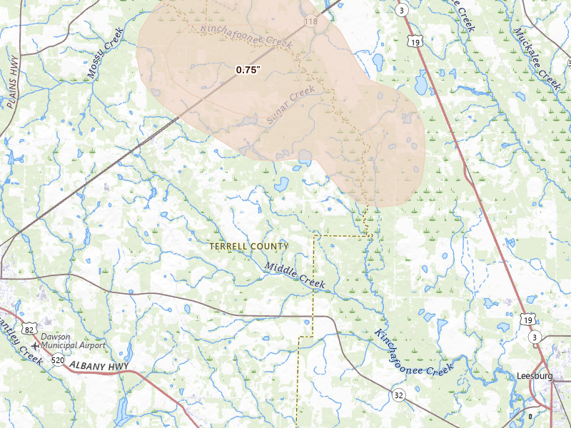 Radar-estimated hail-size map of the storm over Bronwood, GA on Aug 21, 2026
