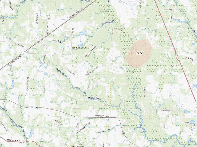 Radar-estimated hail-size map of the storm over Bronwood, GA
