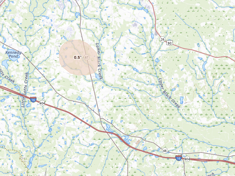 Radar-estimated hail-size map of the storm over Brooklet, GA on May 23, 2026