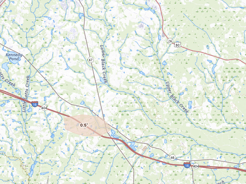 Radar-estimated hail-size map of the storm over Brooklet, GA on May 24, 2026