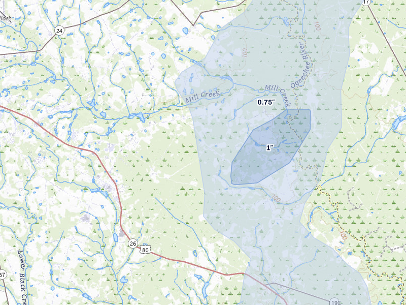 NEXRAD radar-signature map of the hail storm over Brooklet, GA on Aug 1, 2026