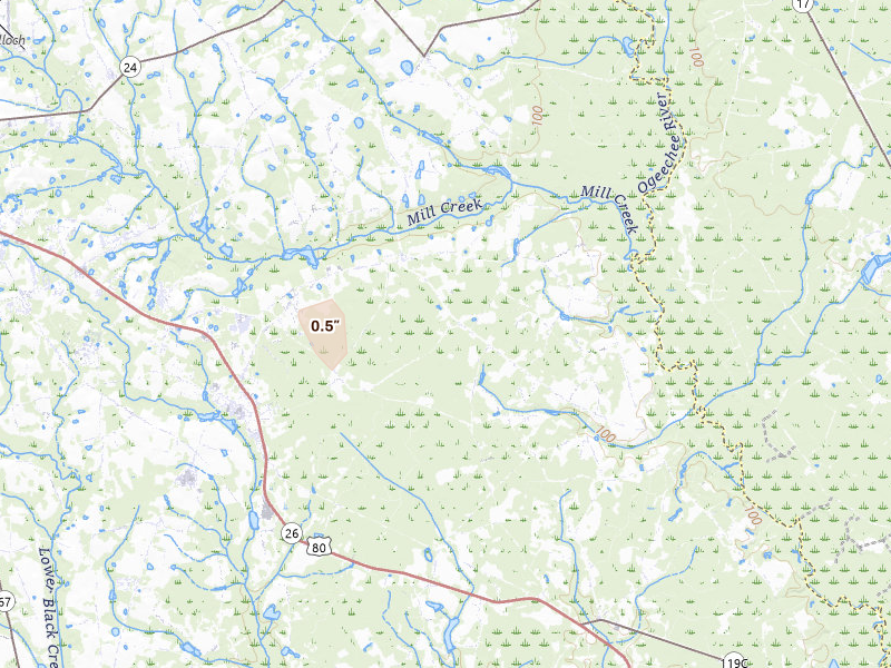 Radar-estimated hail-size map of the storm over Brooklet, GA on Aug 16, 2026
