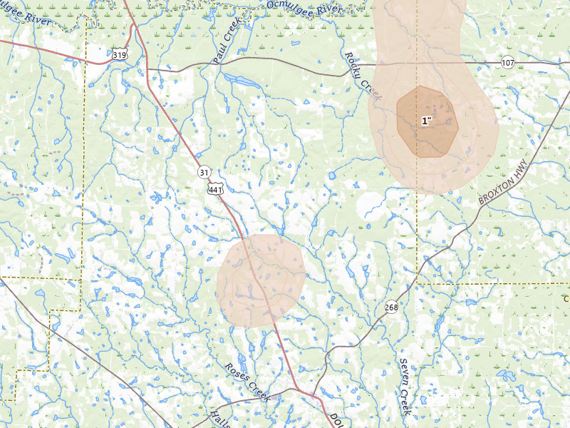 Radar-estimated hail-size map of the storm over Broxton, GA on May 24, 2026