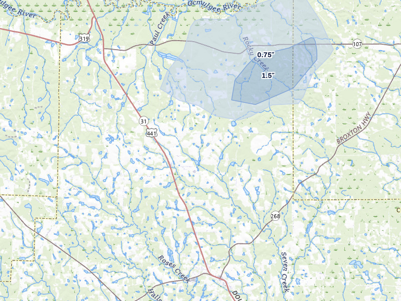 NEXRAD radar-signature map of the hail storm over Broxton, GA on Jul 9, 2026