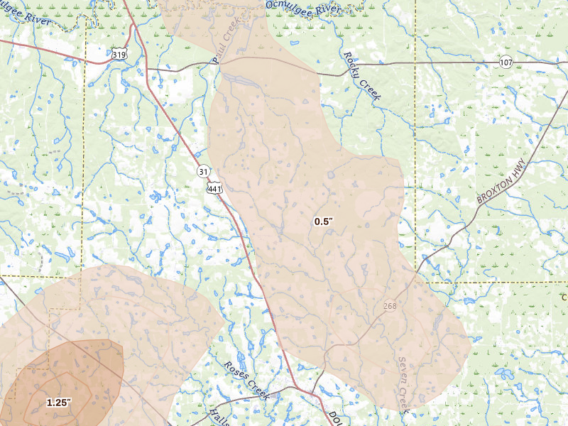 Radar-estimated hail-size map of the storm over Broxton, GA on Jul 17, 2026