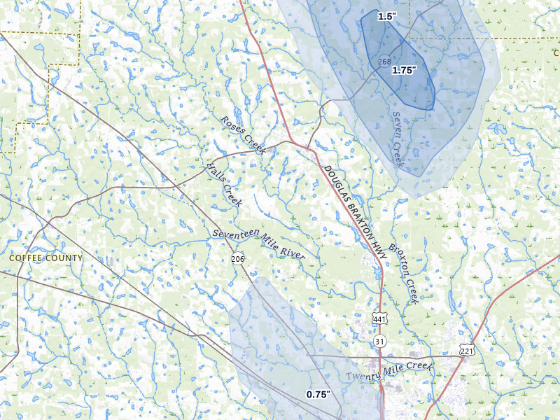 NEXRAD radar-signature map of the hail storm over Broxton, GA on Aug 6, 2026