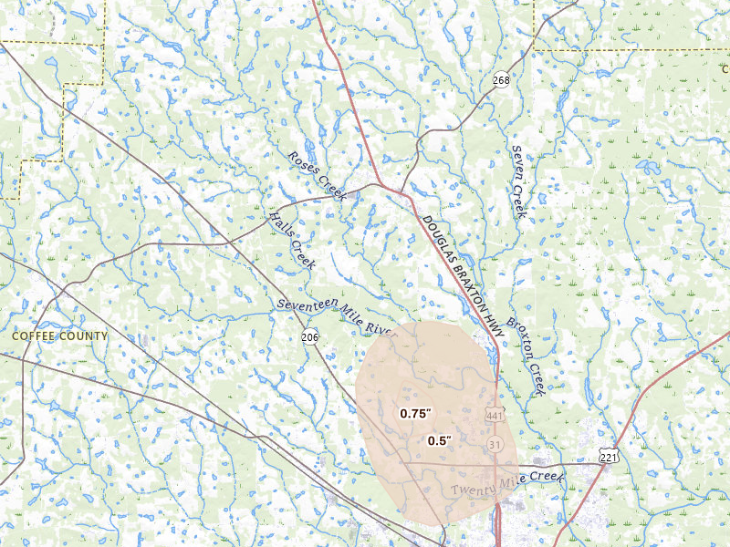 Radar-estimated hail-size map of the storm over Broxton, GA on Aug 12, 2026