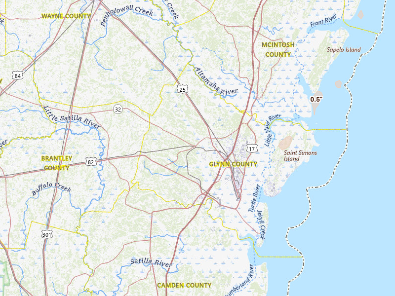 Radar-estimated hail-size map of the storm over Brunswick, GA on Mar 16, 2026