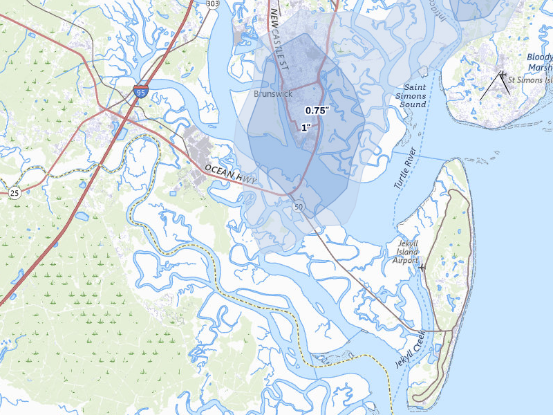 NEXRAD radar-signature map of the hail storm over Brunswick, GA on Mar 16, 2026