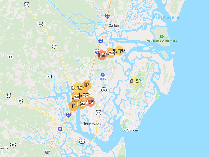 Hail map of Brunswick, GA on Jul 5, 2026, hail up to 1.5"