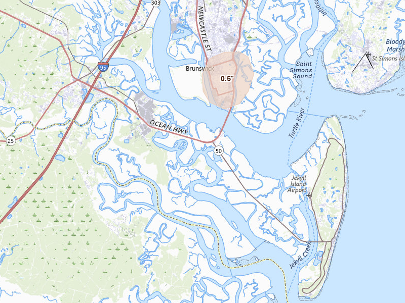 Radar-estimated hail-size map of the storm over Brunswick, GA on Jul 7, 2026