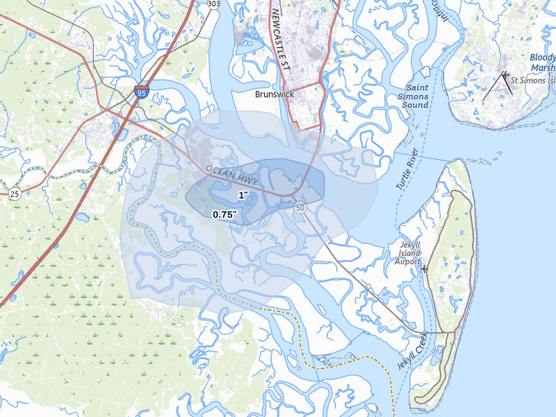 NEXRAD radar-signature map of the hail storm over Brunswick, GA on Jul 7, 2026