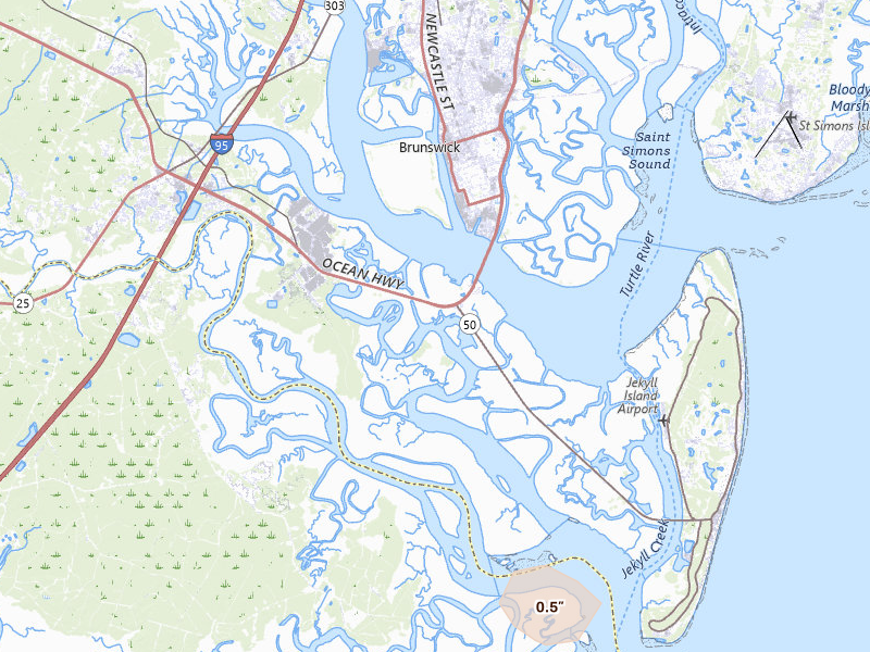 Radar-estimated hail-size map of the storm over Brunswick, GA on Jul 12, 2026