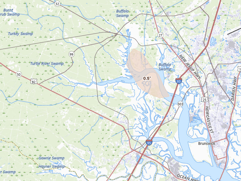 Radar-estimated hail-size map of the storm over Brunswick, GA on Aug 12, 2026