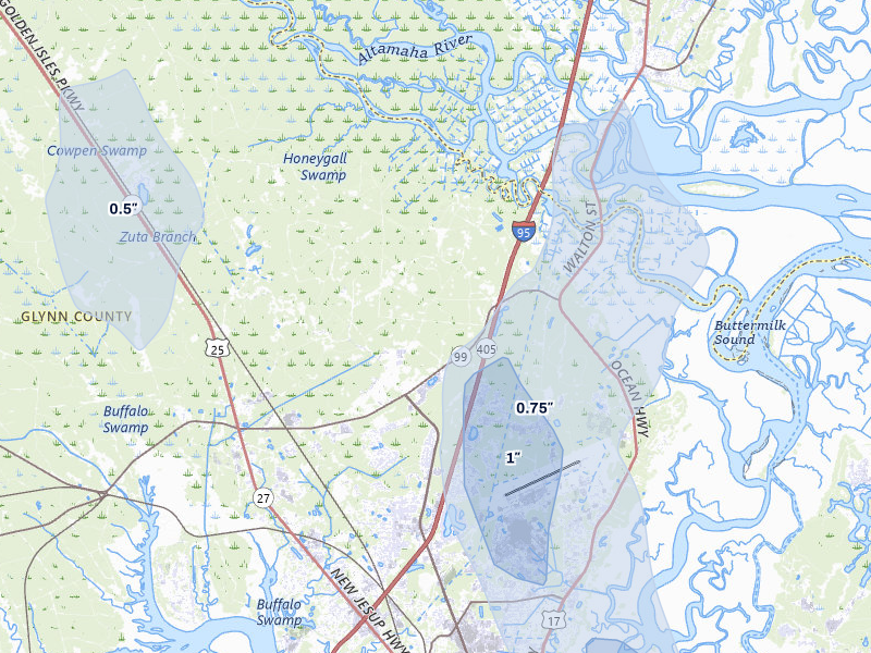 NEXRAD radar-signature map of the hail storm over Brunswick, GA on Aug 16, 2026