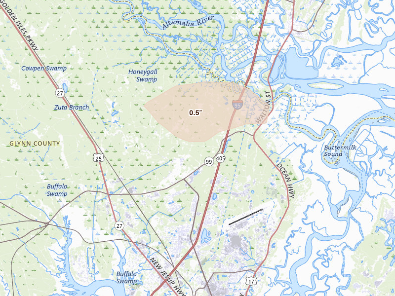 Radar-estimated hail-size map of the storm over Brunswick, GA on Aug 24, 2026