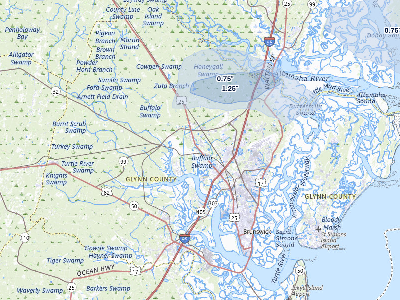 NEXRAD radar-signature map of the hail storm over Brunswick, GA on Aug 24, 2026
