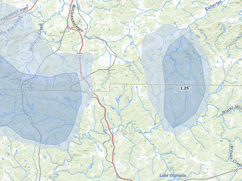 NEXRAD radar-signature map of the hail storm over Buchanan, GA on Jul 3, 2026