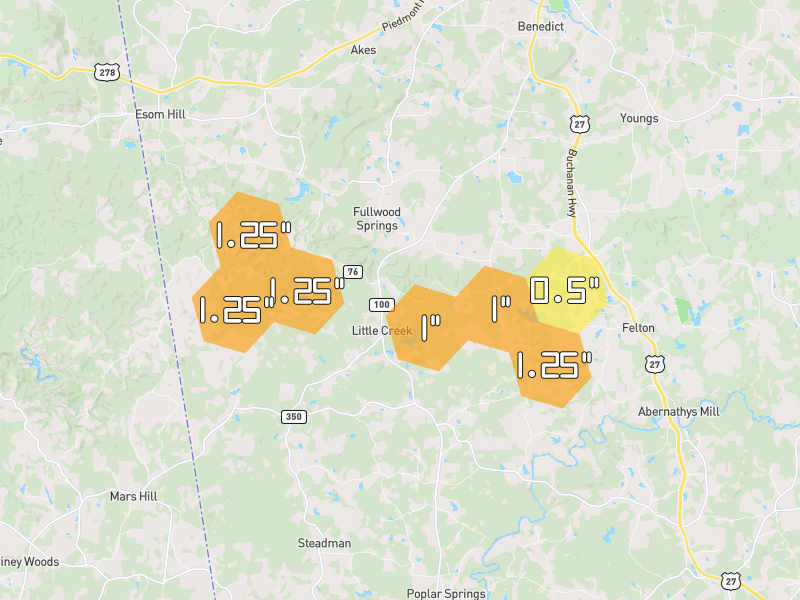 Hail map of Buchanan, GA on Jul 3, 2026, hail up to 1.25"