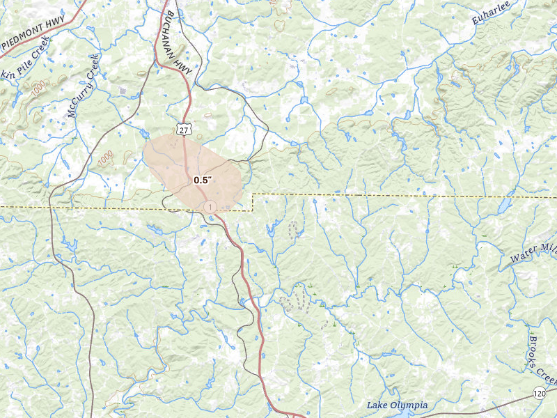 Radar-estimated hail-size map of the storm over Buchanan, GA on Jul 10, 2026