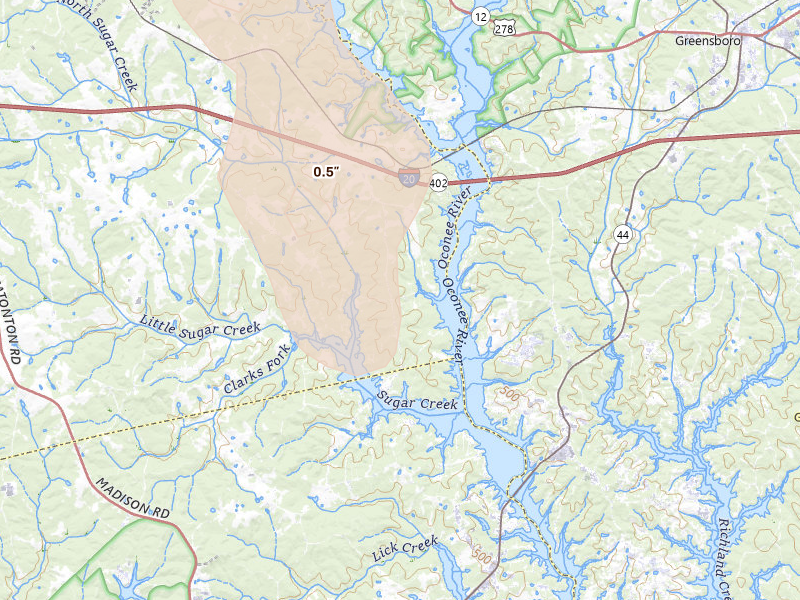 Radar-estimated hail-size map of the storm over Buckhead, GA on Aug 11, 2026