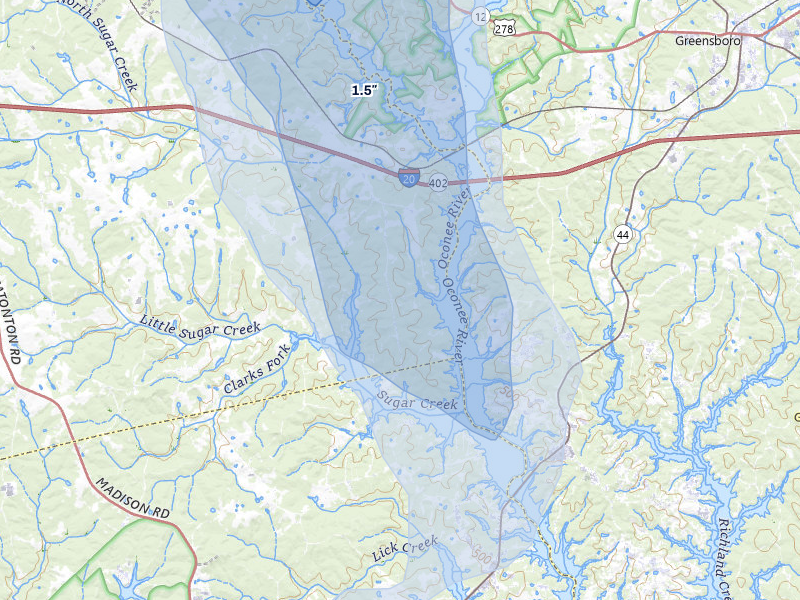 NEXRAD radar-signature map of the hail storm over Buckhead, GA on Aug 11, 2026