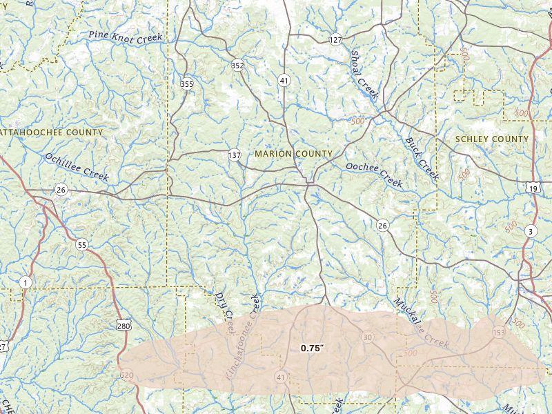 Radar-estimated hail-size map of the storm over Buena Vista, GA on May 6, 2026